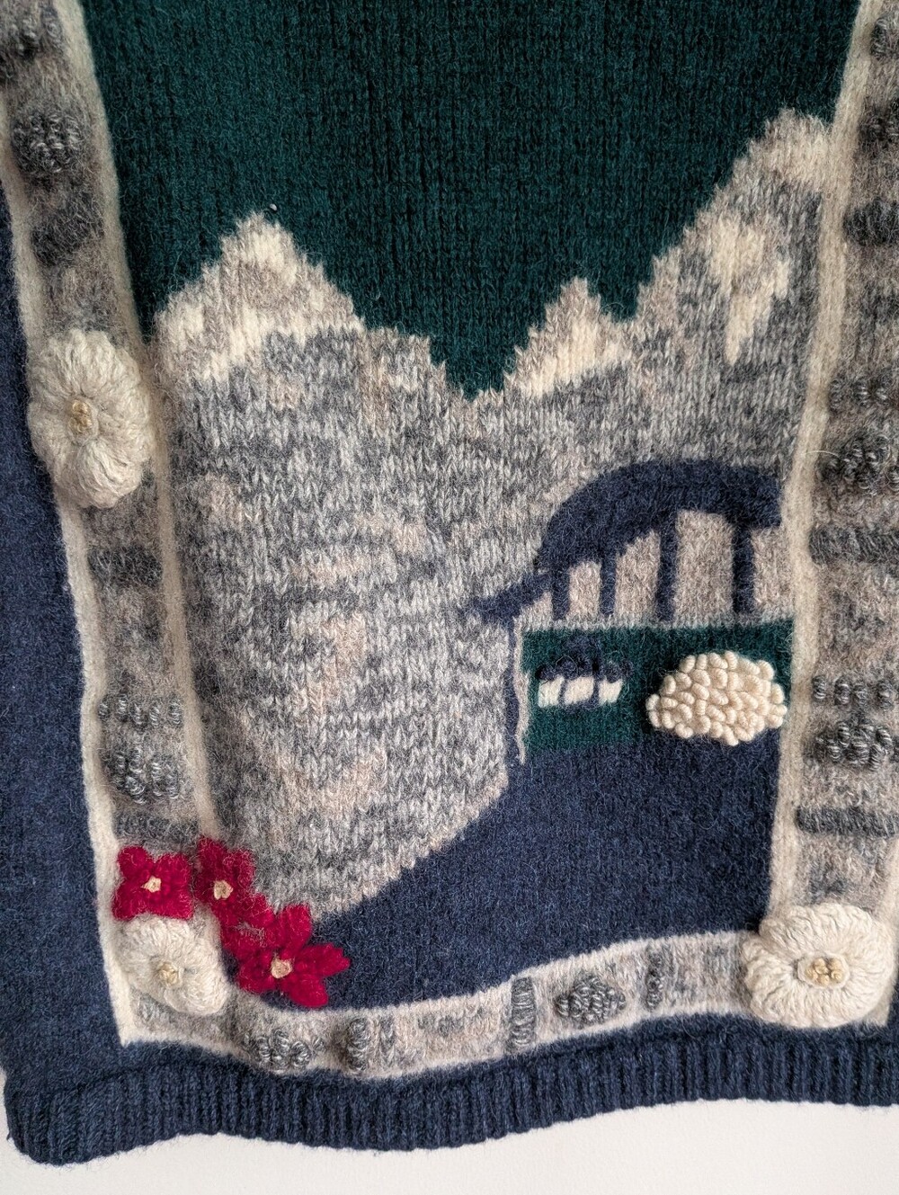 VINTAGE Navy Alpine Scene Cabin Dainty Knit Shetland Wool Cardigan Size Large - Picture 9 of 13